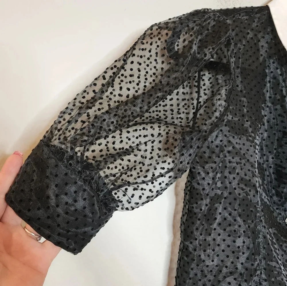 NWT Zara Jewel Button Black Sheer Velvet Dot Puff Sleeve Blouse Top Size Small